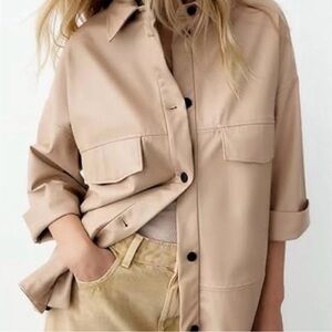Zara tan faux leather button up shacket